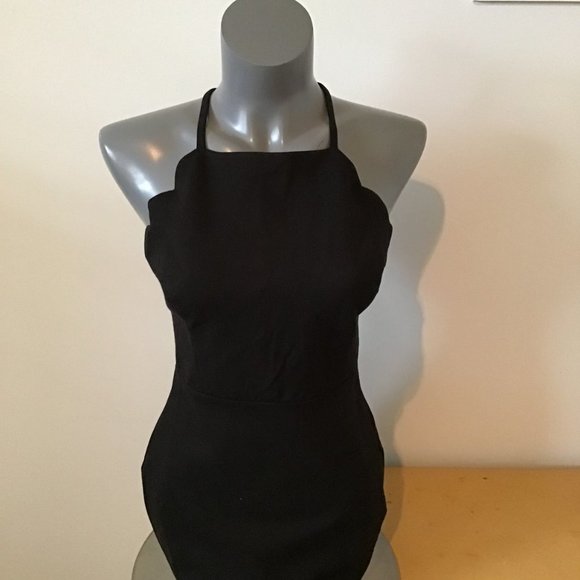 Lush Scalloped Edge Halter Little Black Dress With Criss Cross Back - Picture 2 of 11